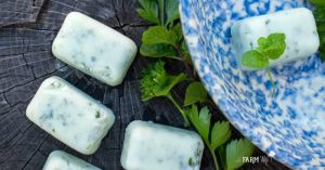 natural dog treats for fresh breath with fresh mint and parsley beside a blue stoneware bowl