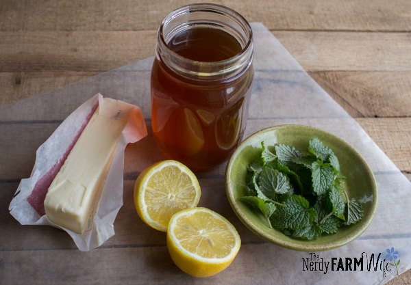 honey, lemon, lemon balm leaves, and butter