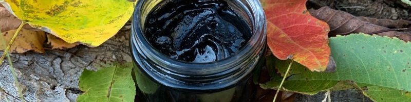 jar of charcoal and clay drawing salve in autumn leaves