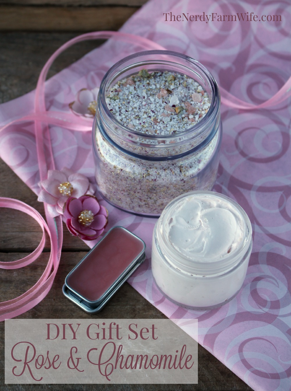 DIY Rose & Chamomile Gift Set - recipes for bath salts, lip balm and whipped hand cream
