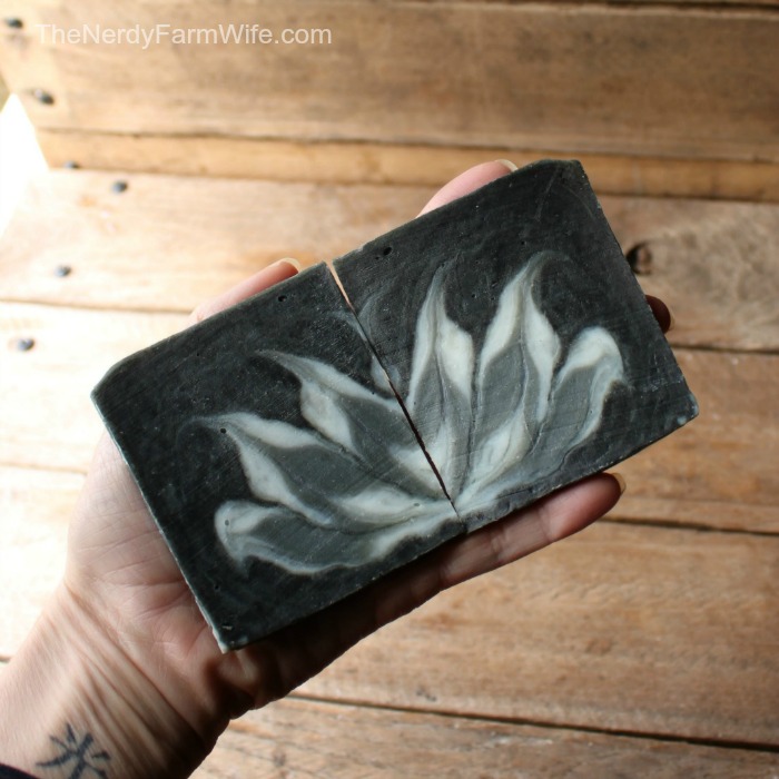 Activated charcoal colors this all-natural palm-free soap, designed with the Circling Taiwan Soap technique