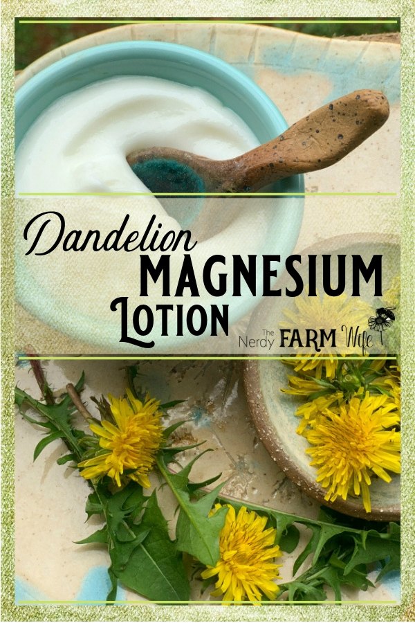 bowl of dandelion magnesium lotion with fresh dandelions on a handmade pottery plate