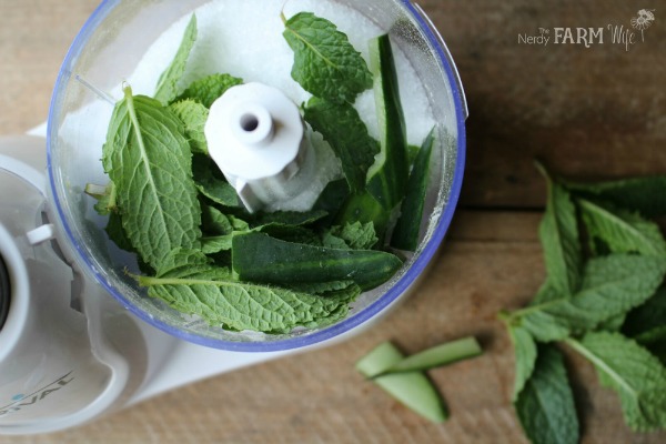 Blending fresh cucumber and mint with Epsom salt