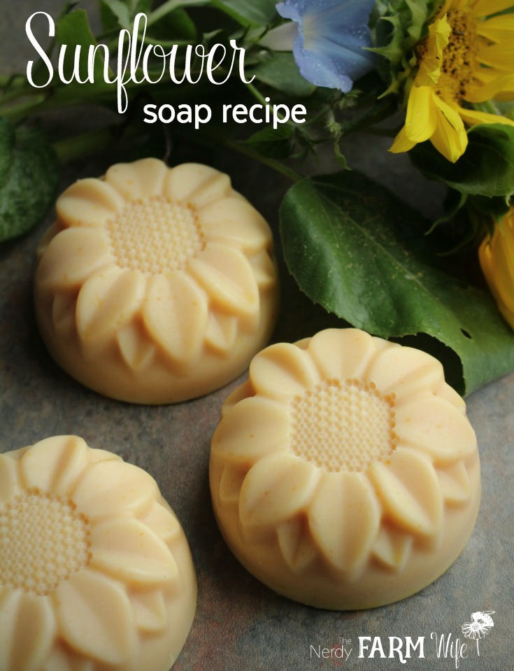 These cheerful little sunflower soaps are palm free and naturally colored with lemon peel powder.