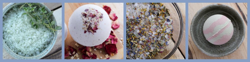 a bath bomb and floral bath soak