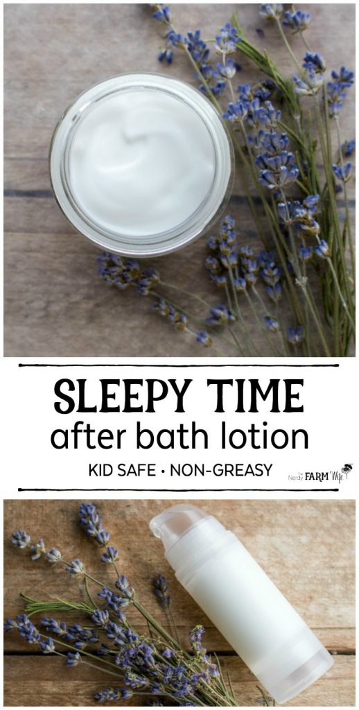 This non-greasy after bath sleepy time lotion recipe is kid safe and naturally scented to help calm, soothe and relax before bedtime.