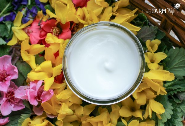 round jar of forsythia lotion in a basket of spring flowers
