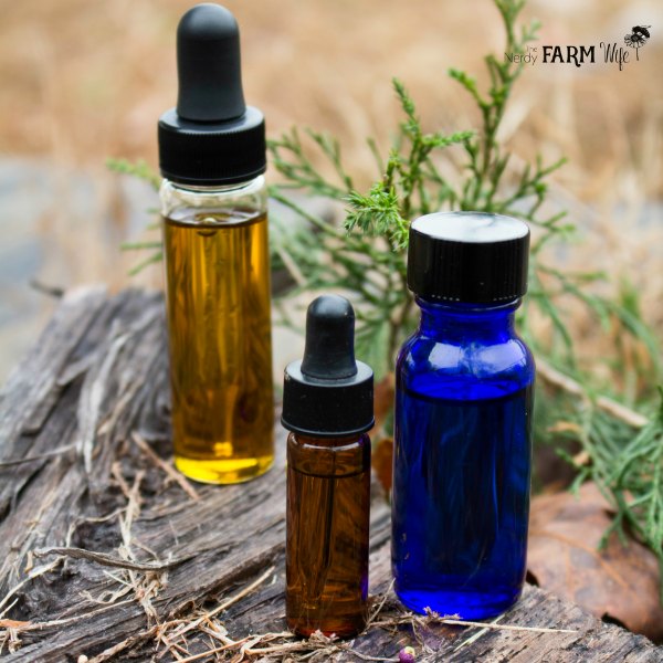 essential oils in colored glass bottles