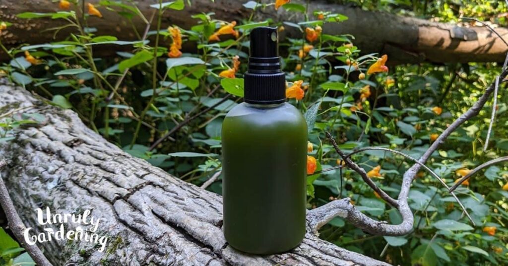 spray bottle of jewelweed and witch hazel spray