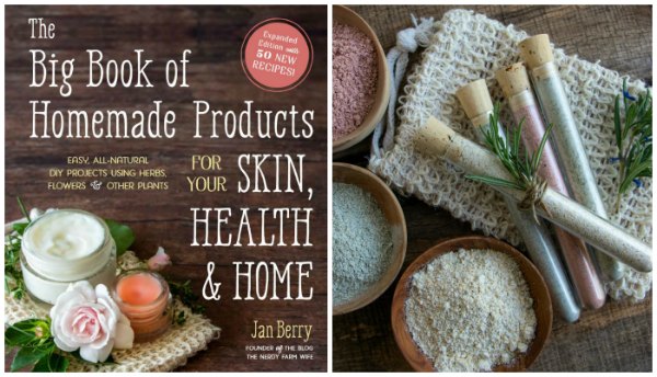 book cover that says "The Big Book of Homemade Products for Your Skin, Health & Home by Jan Berry" beside a photo of different colored cleansing grains in mini wooden bowls and clear glass tubes