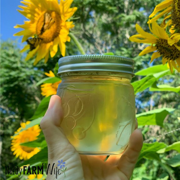 woman's hand holding jar of jelly in front of sunflower garden