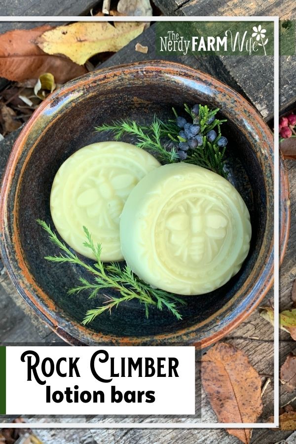 lotion bars in a rustic pottery bowl on wooden background