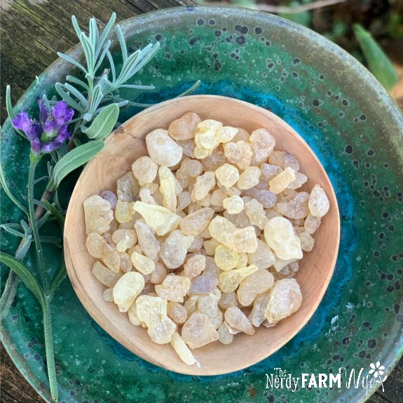 small bowl of frankincense resin with sprig of fresh lavender