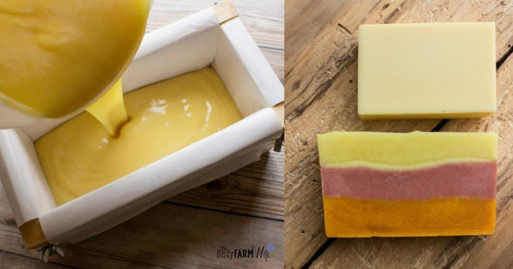 soap being poured into a soap mold, plus two sizes of soap bars