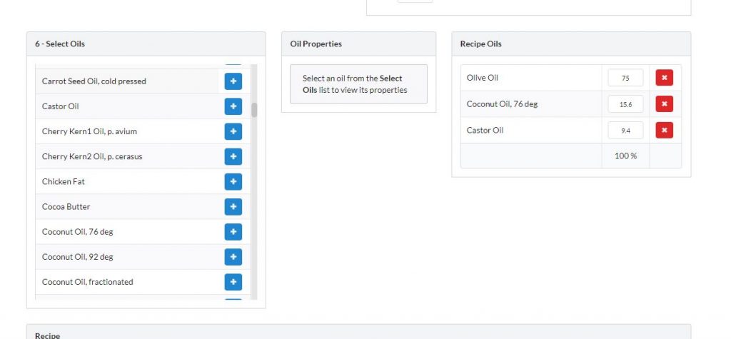 screenshot of soapee calculator, showing each oil in the recipe and its percentage amount