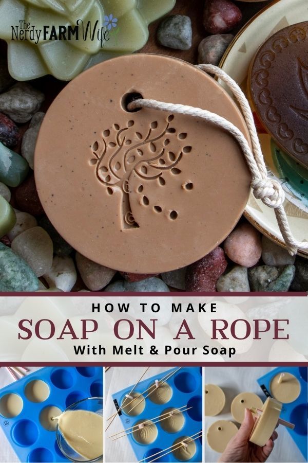 bar of round soap on a rope, text says "How to Make Soap on a Rope with Melt & Pour Soap"
