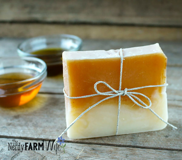 bar of soap made with honey in top layer