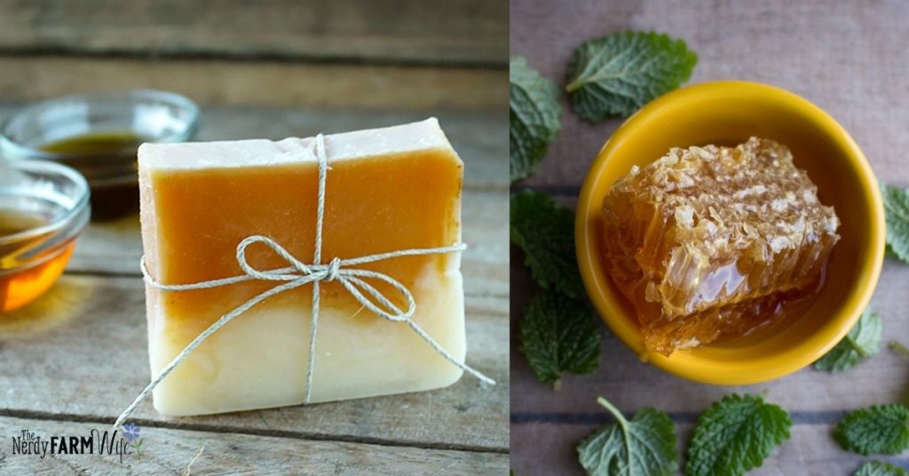 bar of soap made with honey in top layer, bowl of freshly cut honeycomb