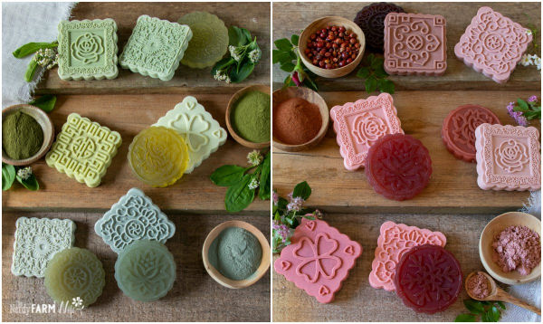 round and square bars of soap in green and pink colors