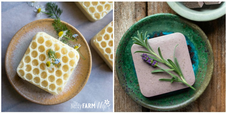 square soap with honeycomb textured top, square of clay soap with fresh lavender sprig