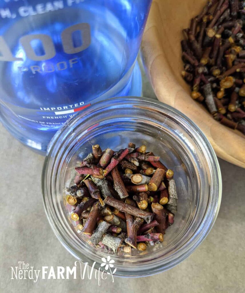 jar of chopped peach twigs ready to turn into tincture