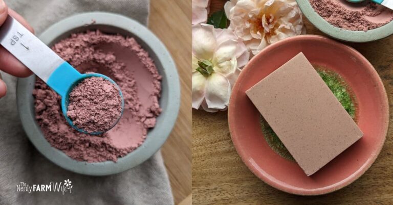 bowl of rose clay and a clay and oatmeal shower bar made with melt and pour soap