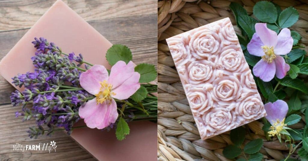 two soaps that are naturally colored pink with rose kaolin clay