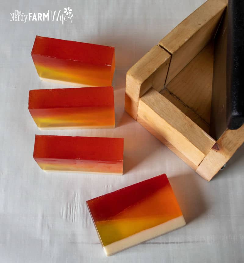 cut bars of desert sunrise melt and pour soap which features natural soap colorants and essential oils