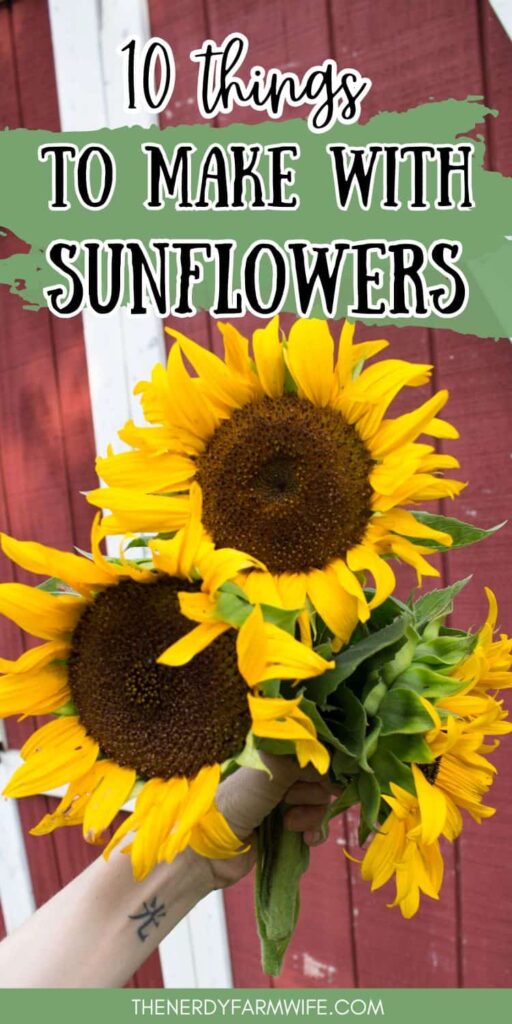 woman's hand holding a bouquet of sunflower in front of a red barn