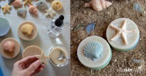melt and pour soaps with a beach theme and small seashell soap toppers