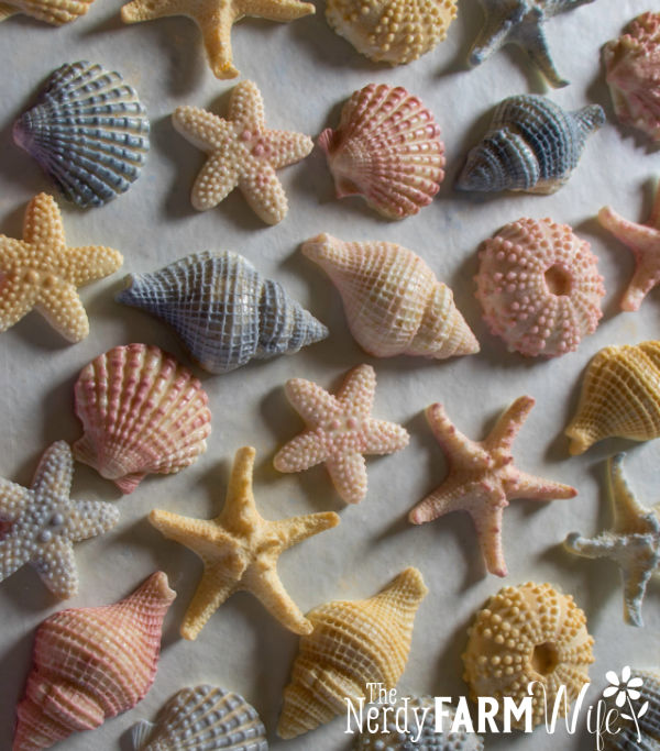 Small seashells made of soap colored pink, blue, and yellow