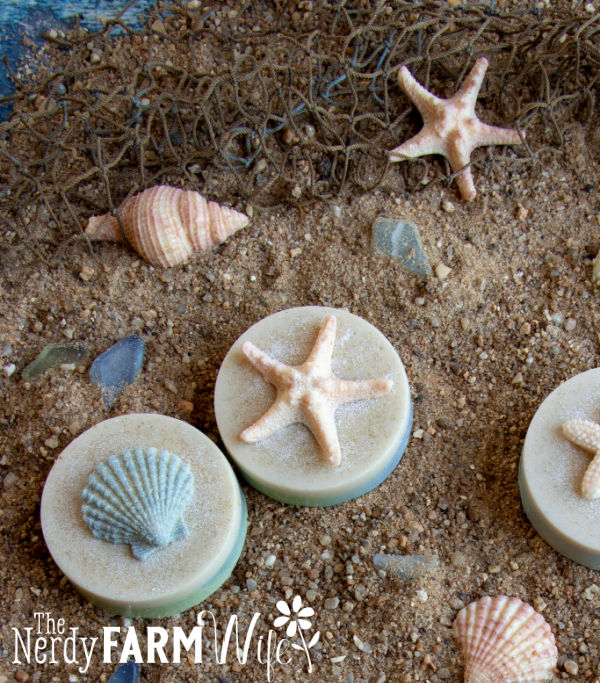 Shell-topped soaps on top of a pile of sand, with a few small shells and a section of net