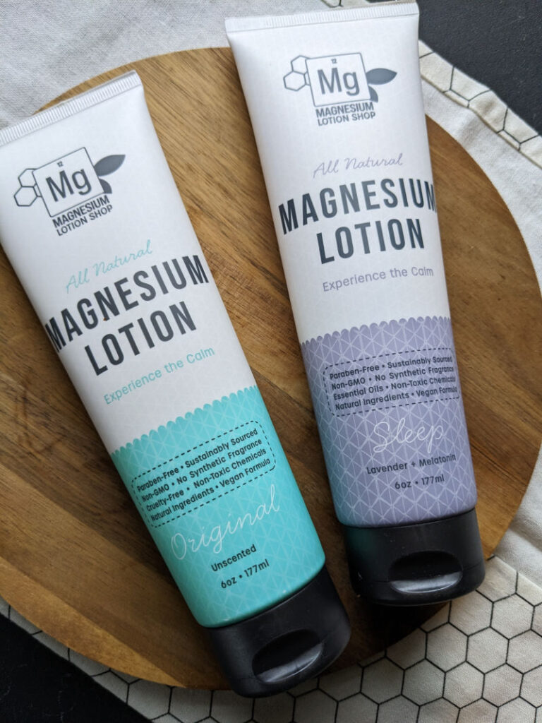 6 ounce tubes of non-greasy magnesium lotion to help with restless legs, growing pains, encourage sleep, and more
