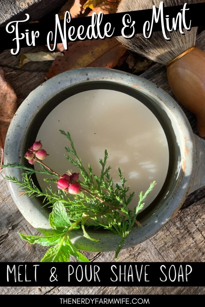 Round soap bar in shave cup with shave brush and small decorative sprigs of greenery