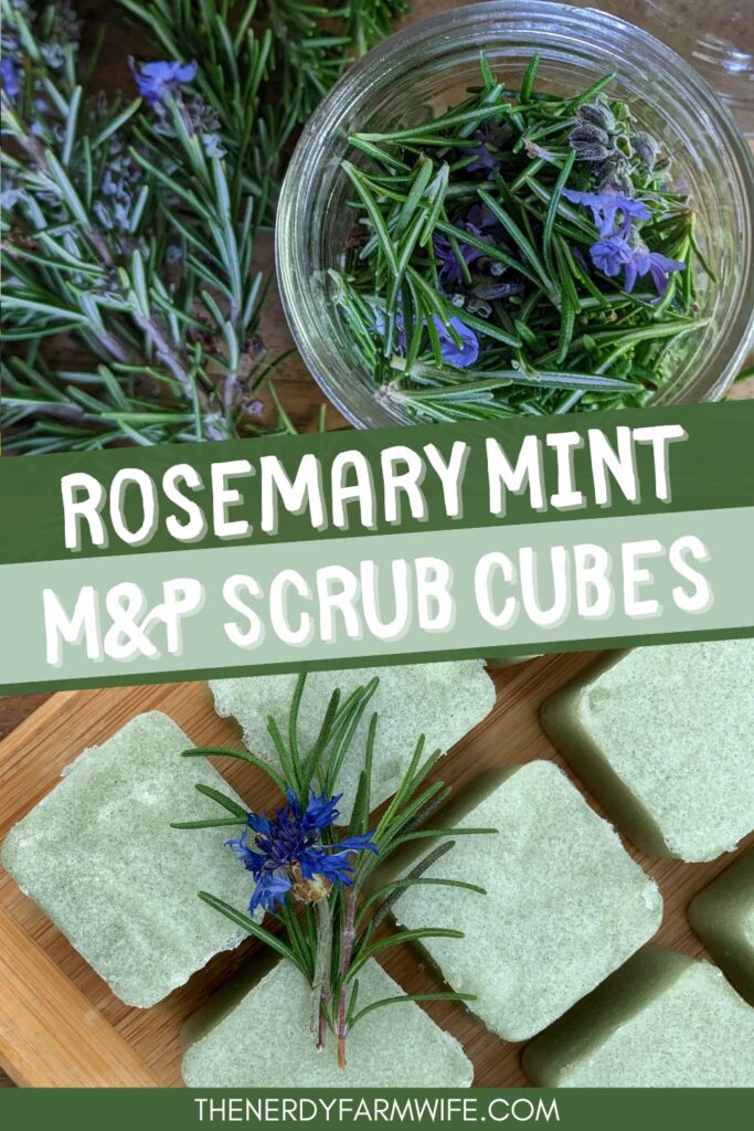 cubes of rosemary sugar scrub made with melt and pour soap base and natural herbal ingredients