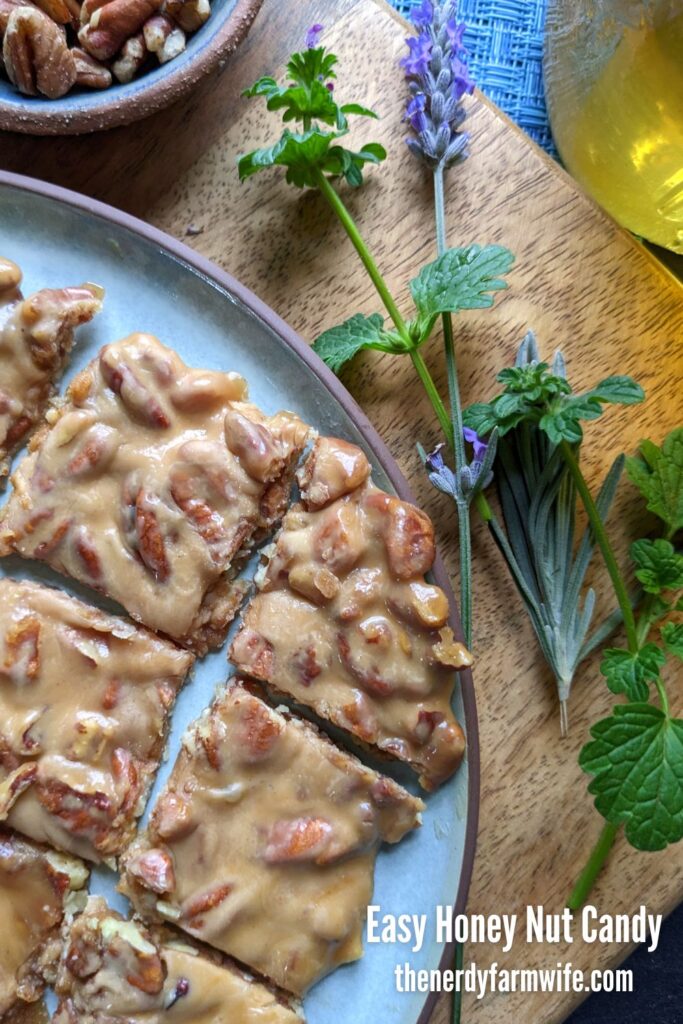 squares of pecan honey candy made with just 3 ingredients which are butter, pecans, and honey.