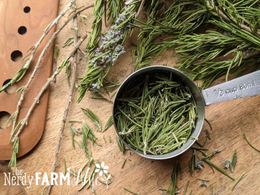 partially filled 1/3 cup measuring cup with rosemary, with sprigs of rosemary above it