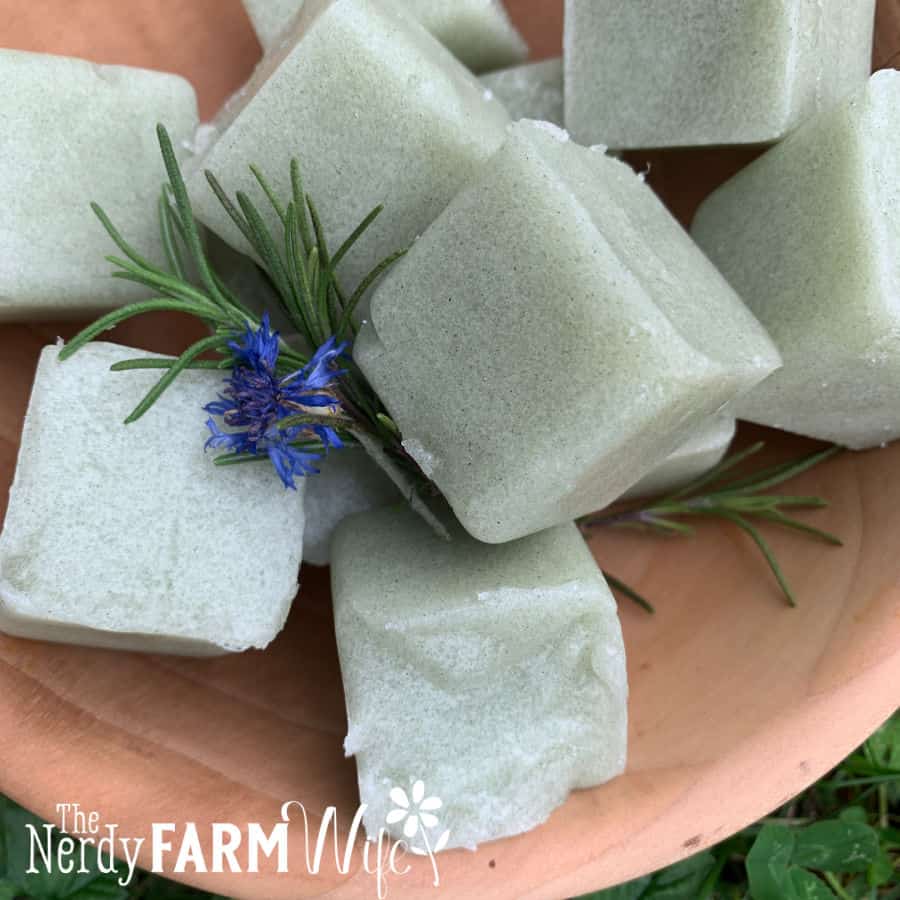 shallow dish of piled rosemary sugar scrub cubes