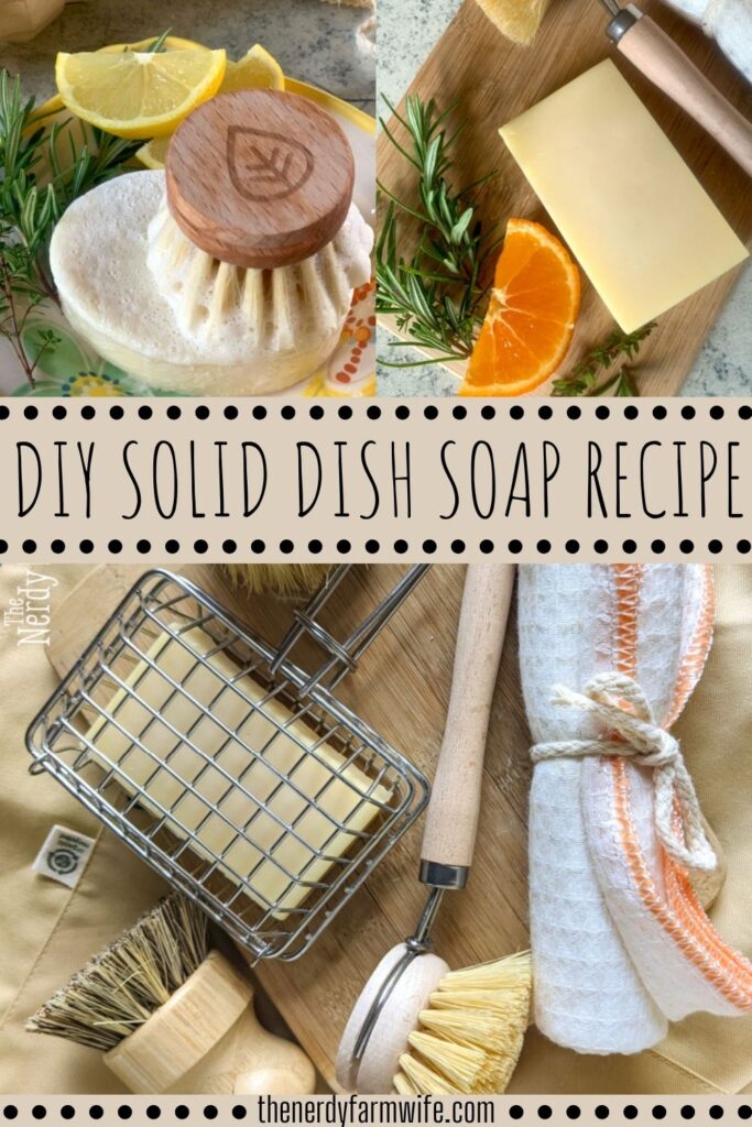 three images of solid dish soap, one with a brush lathering it, and another in a soap shaker.