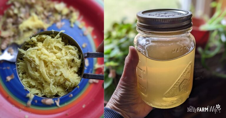 spoonful of grated fresh ginger and a jar of ginger honey syrup