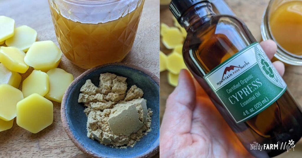 beeswax, ground ginger, ginger infused oil, and cypress oil