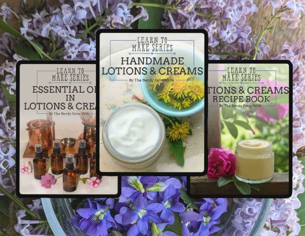 handmade lotion ebook thumbnails on a background of lilacs and violets