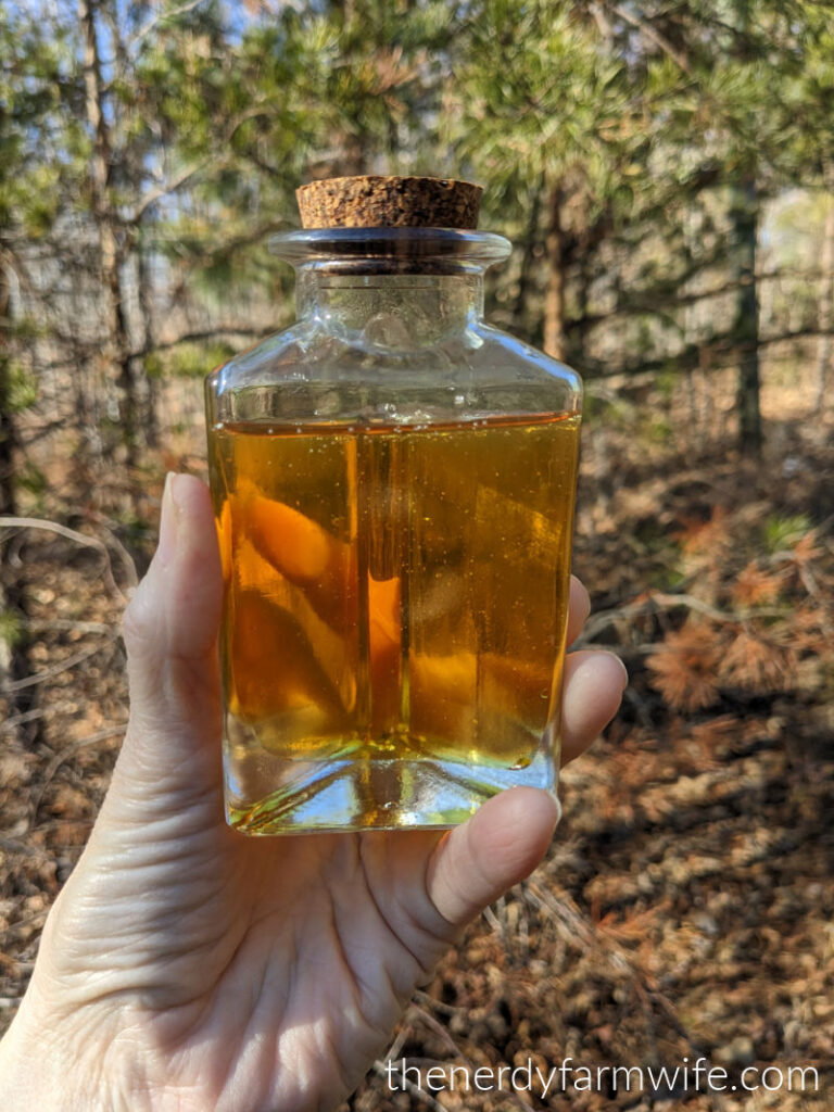 a jar of brown oil being held by a hand. There are pine trees out of focus in the background.